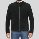 Close-up view of black suede jacket for men