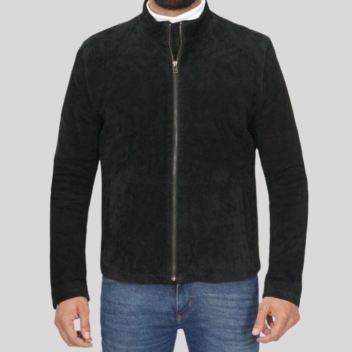 Close-up view of black suede jacket for men