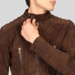 Close-up view of men's suede biker jacket detailing