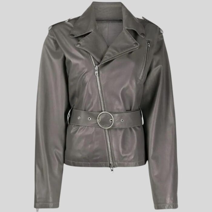 Close-up view of the belted leather jacket details.