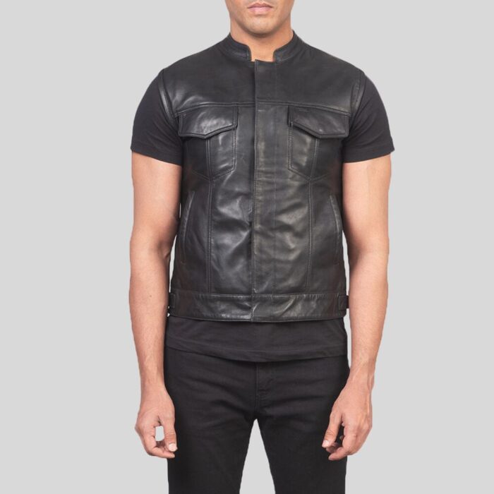 Close view of black leather vest for men