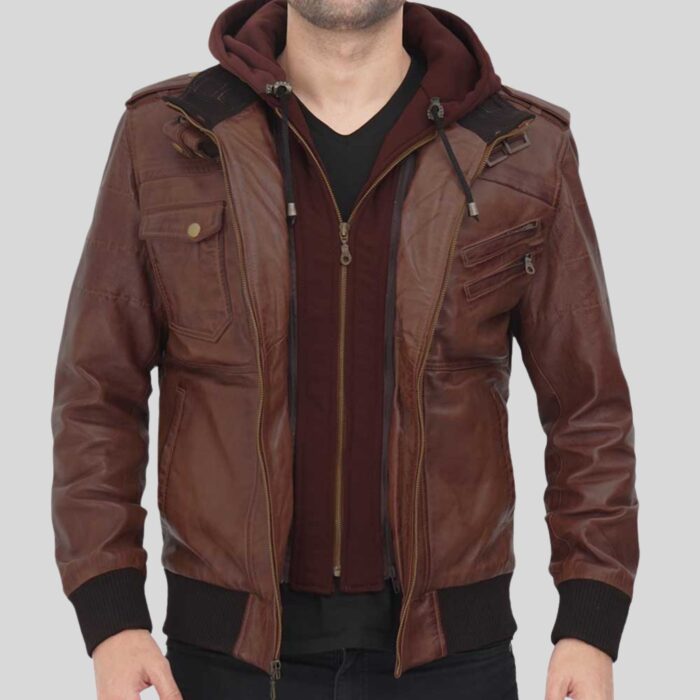 Men's Hooded Leather Jacket - Front View