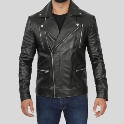 Front view of Asymmetrical Black Leather Jacket