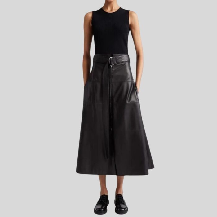 Front view of Black Leather A-Line Skirt