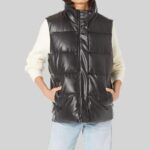 Front view of Black Puffer Leather Vest