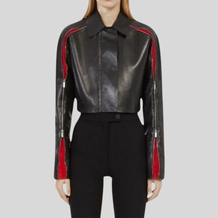 Front view of Cropped Black Leather Jacket For Women