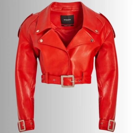 Front view of Cropped Red Leather Jacket