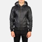 Front view of Leather Hooded Bomber Jacket