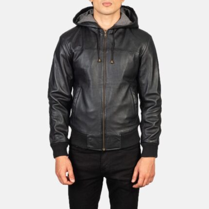 Front view of Leather Hooded Bomber Jacket