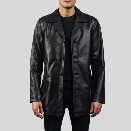 Front view of a black leather coat