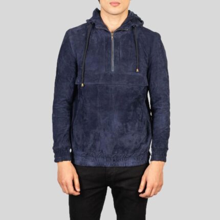 Front view of a blue suede jacket