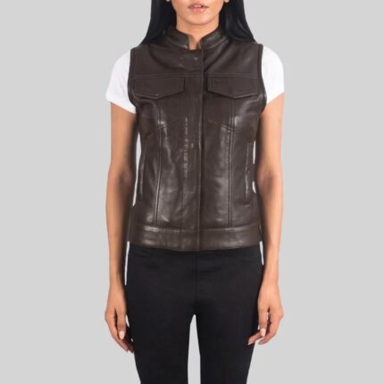 Front view of a brown leather vest for women