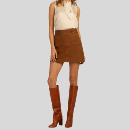 Front view of a brown suede mini skirt