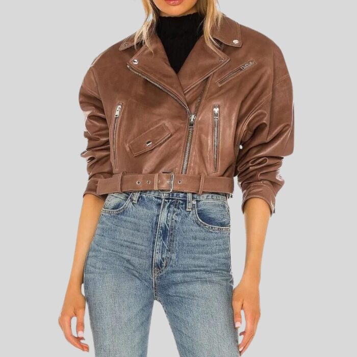 Front view of a cropped brown leather jacket