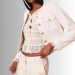 Front view of a cropped white leather jacket