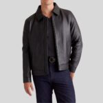 Front view of a men's black leather jacket