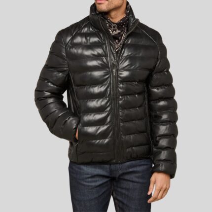 Front view of a men's black leather puffer jacket