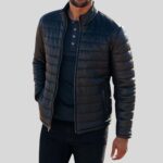 Front view of a men's leather puffer jacket