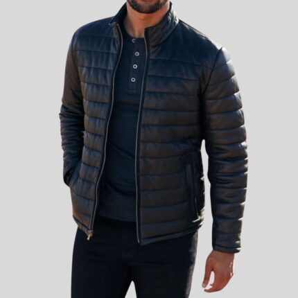 Front view of a men's leather puffer jacket