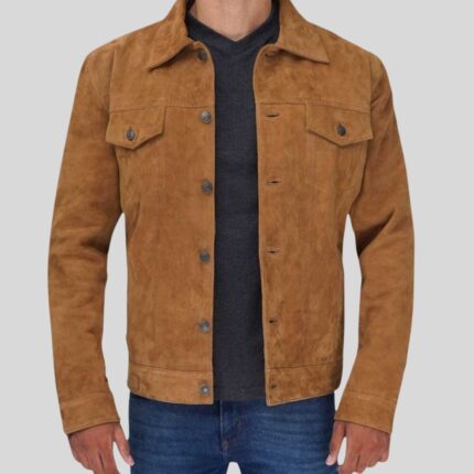 Front view of a men's suede trucker jacket