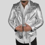 Front view of a silver leather jacket for men