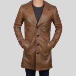 Front view of a stylish brown leather coat