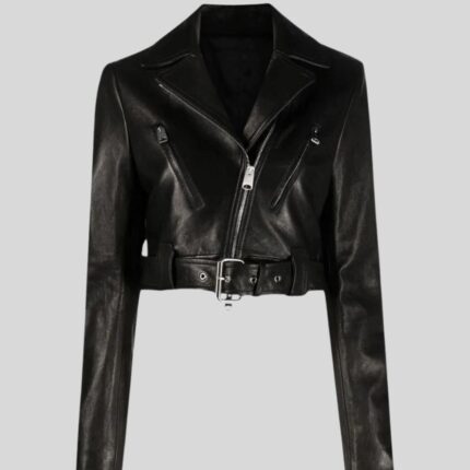 Front view of black leather jacket