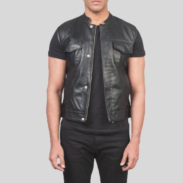 Front view of black leather vest for men