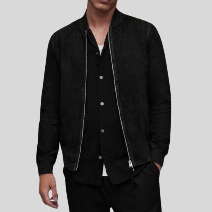 Front view of black suede bomber jacket for men