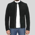 Front view of black suede jacket for men