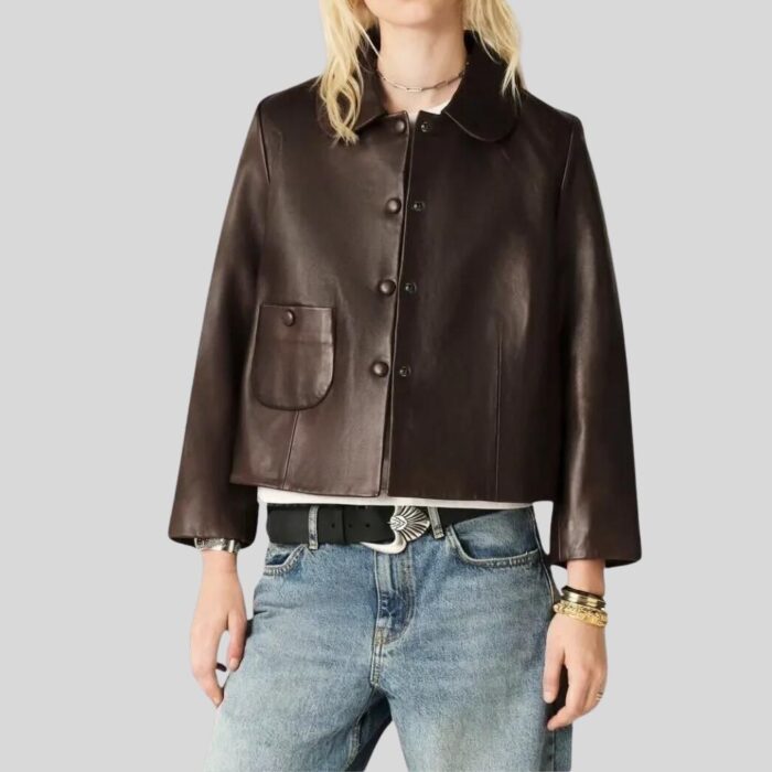 Front view of brown cropped leather jacket