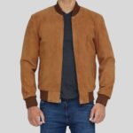 Front view of brown suede bomber jacket for men