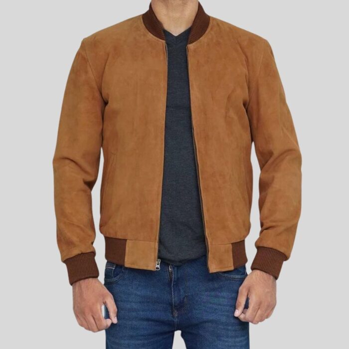 Front view of brown suede bomber jacket for men