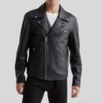 Front view of men's black leather biker jacket