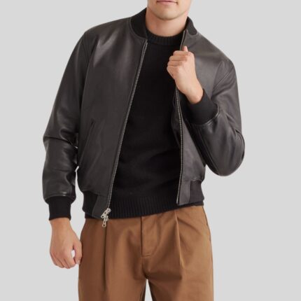 Front view of men's black leather bomber jacket