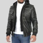 Front view of men's leather bomber jacket with hood