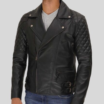 Front view of men's quilted leather jacket