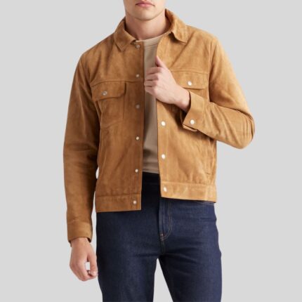 Front view of men's tan suede jacket