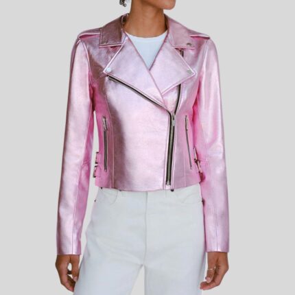 Pink metallic leather jacket front view