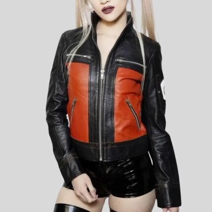 Front view of red and black leather jacket