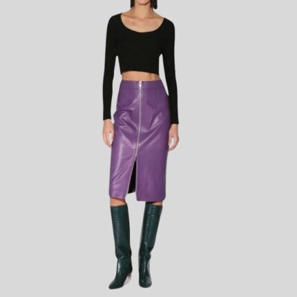 Front view of stylish leather purple skirt