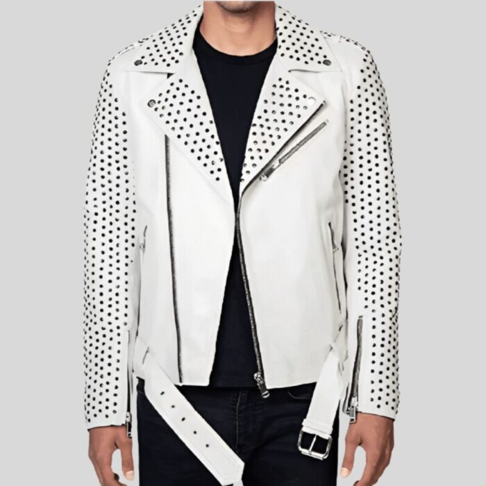 Front view of white studded leather jacket