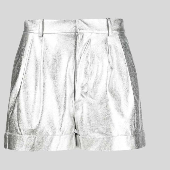 Full view of silver leather shorts