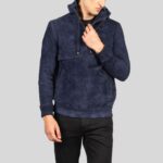 Full view of a blue suede jacket.