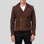 Full view of a brown suede jacket for men.