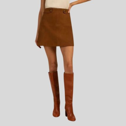 Full view of a brown suede mini skirt