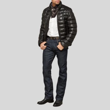 Full view of a men's black leather puffer jacket