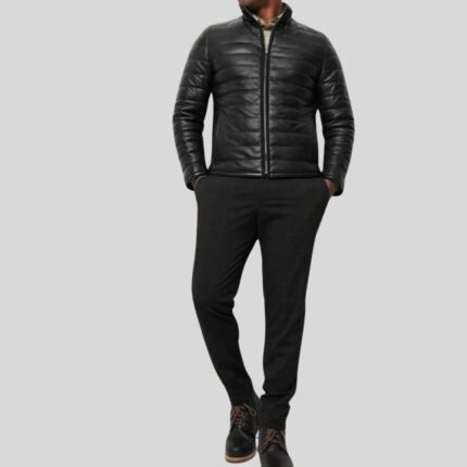 Full view of a men's leather puffer jacket