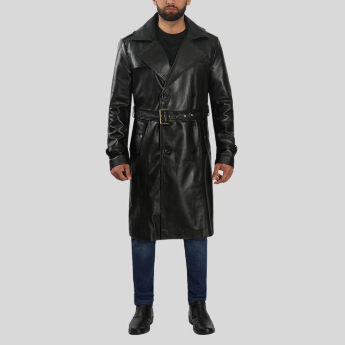 Full view of black leather trench coat