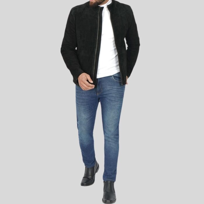 Full view of black suede jacket for men